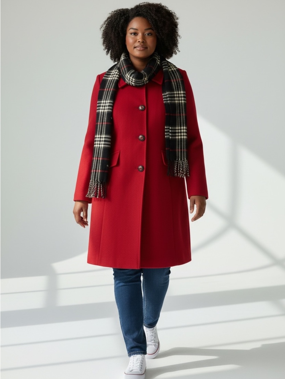 London Fog Women's Red Wool-Blend Peacoat with Plaid Scarf